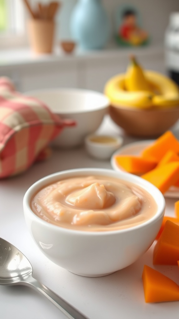 Creamy salmon puree in a bowl for baby, with cooked sweet potato pieces and a spoon.